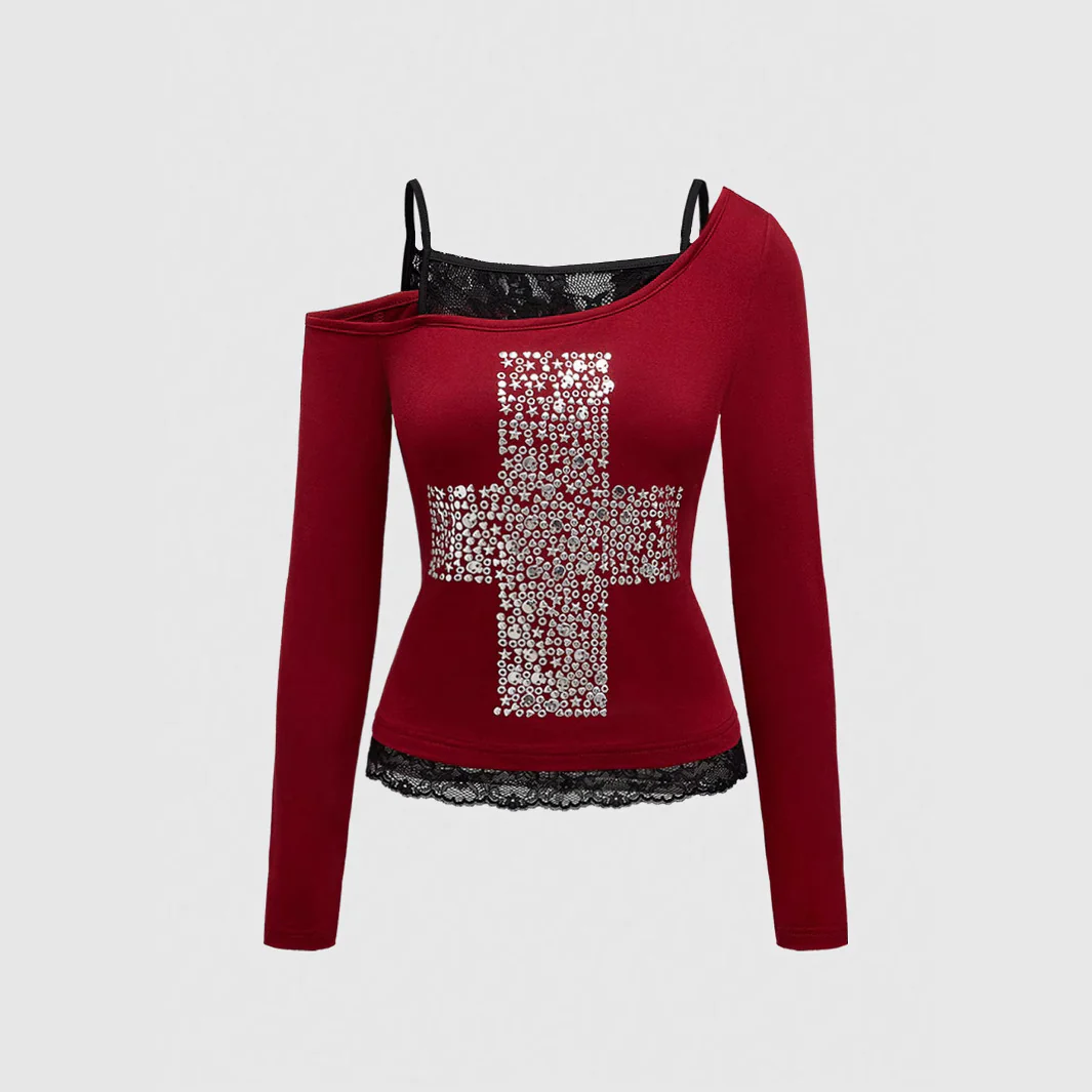 Damen asymmetrisches Longsleeve-Top mit glänzendem Kreuz-Design und Spitzenabschluss WOLFF