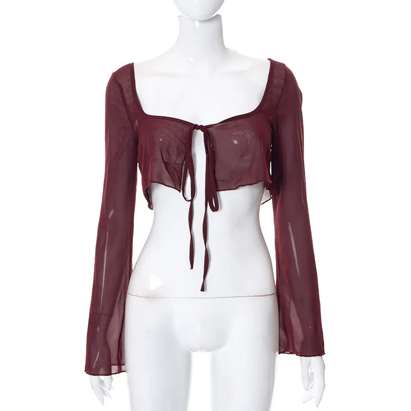 Damen Crop-Top mit transparenten langen Ärmeln und verspielten Bindebändern WOLFF - Image 6
