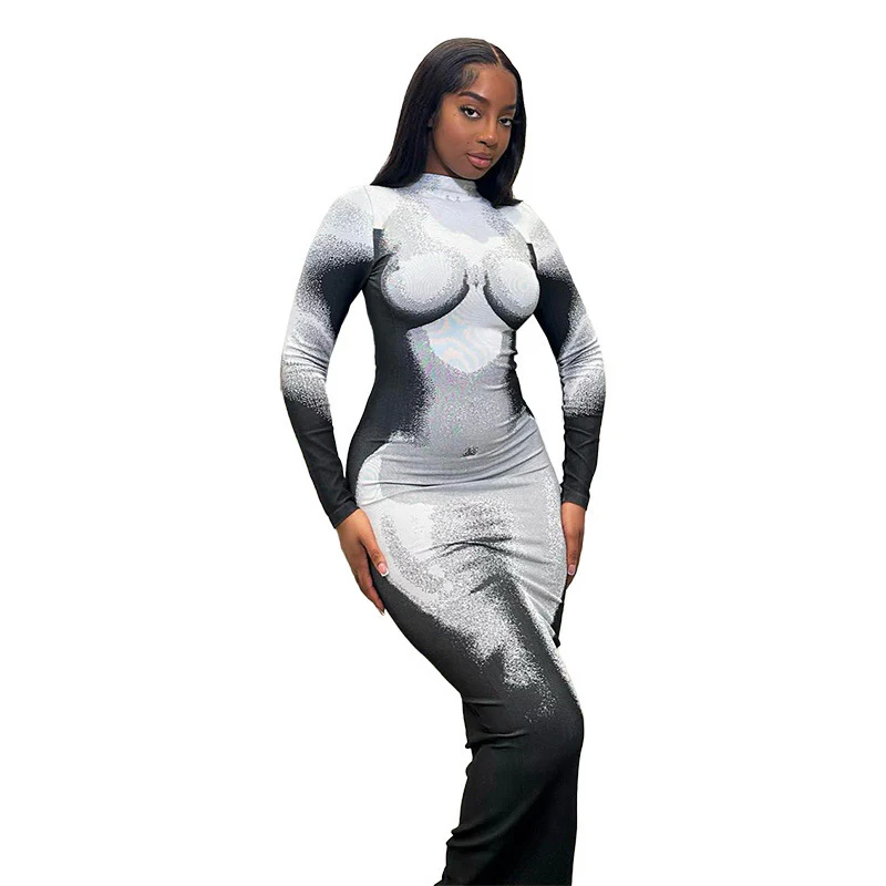 Damen figurbetontes Langarmkleid mit künstlerischem Print WOLFF - Image 5