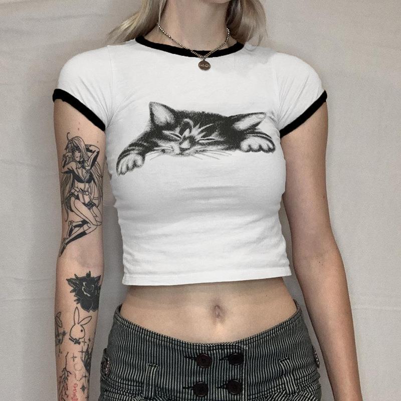 Damen kurzärmeliges T-Shirt mit kreativem Katzenmotiv und kontrastierenden Details WOLFF - Image 3