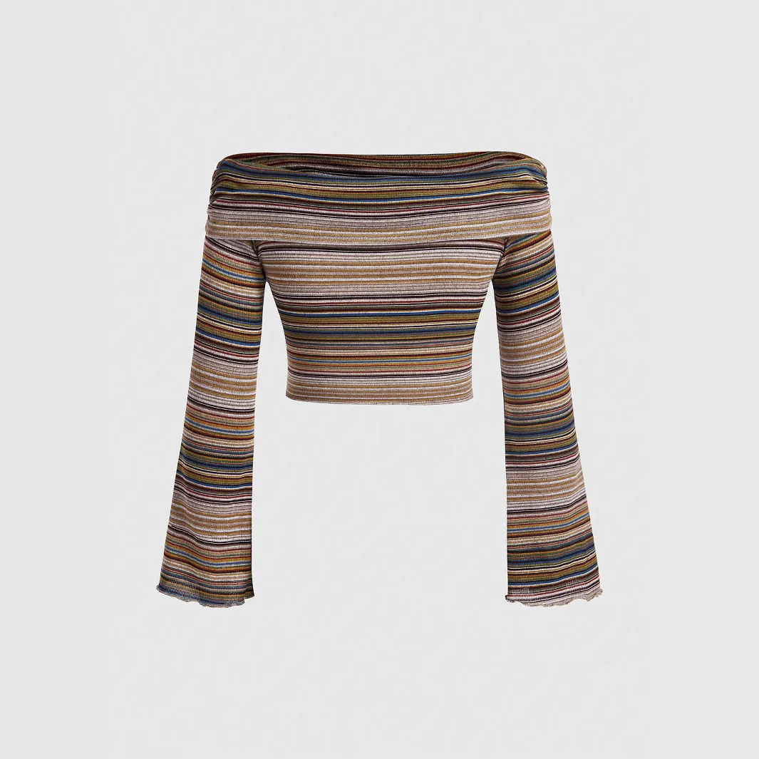 Damen Off-Shoulder Crop-Top mit farbenfrohem Streifenmuster und einzigartigem Sonne-Design WOLFF - Image 2