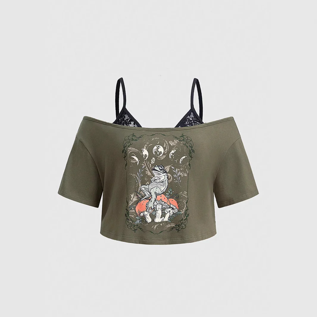Damen Off-Shoulder Crop-Top mit kreativem Grafikdruck und verstellbaren Trägern WOLFF