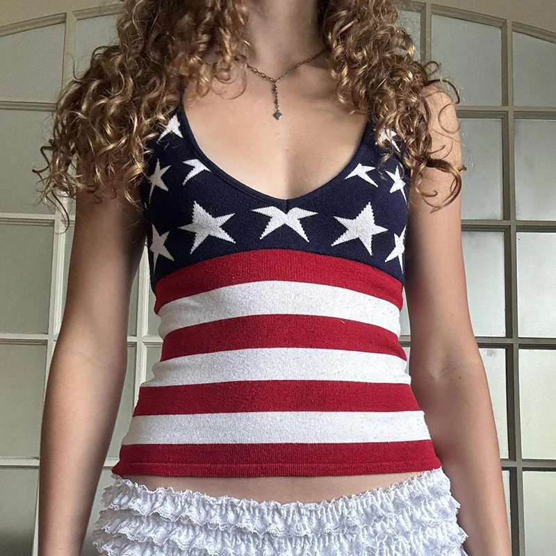 Damen Sportliches V-Ausschnitt Tanktop mit patriotischem Sternen- und Streifendruck WOLFF - Image 6