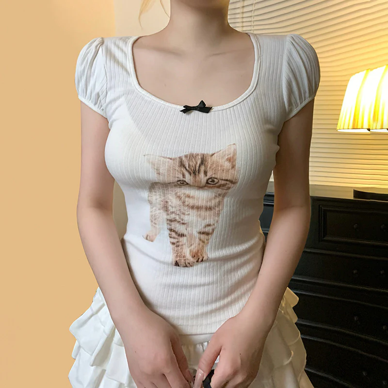 Damen T-Shirt mit süßem Katzenmotiv und Puffärmeln WOLFF - Image 3